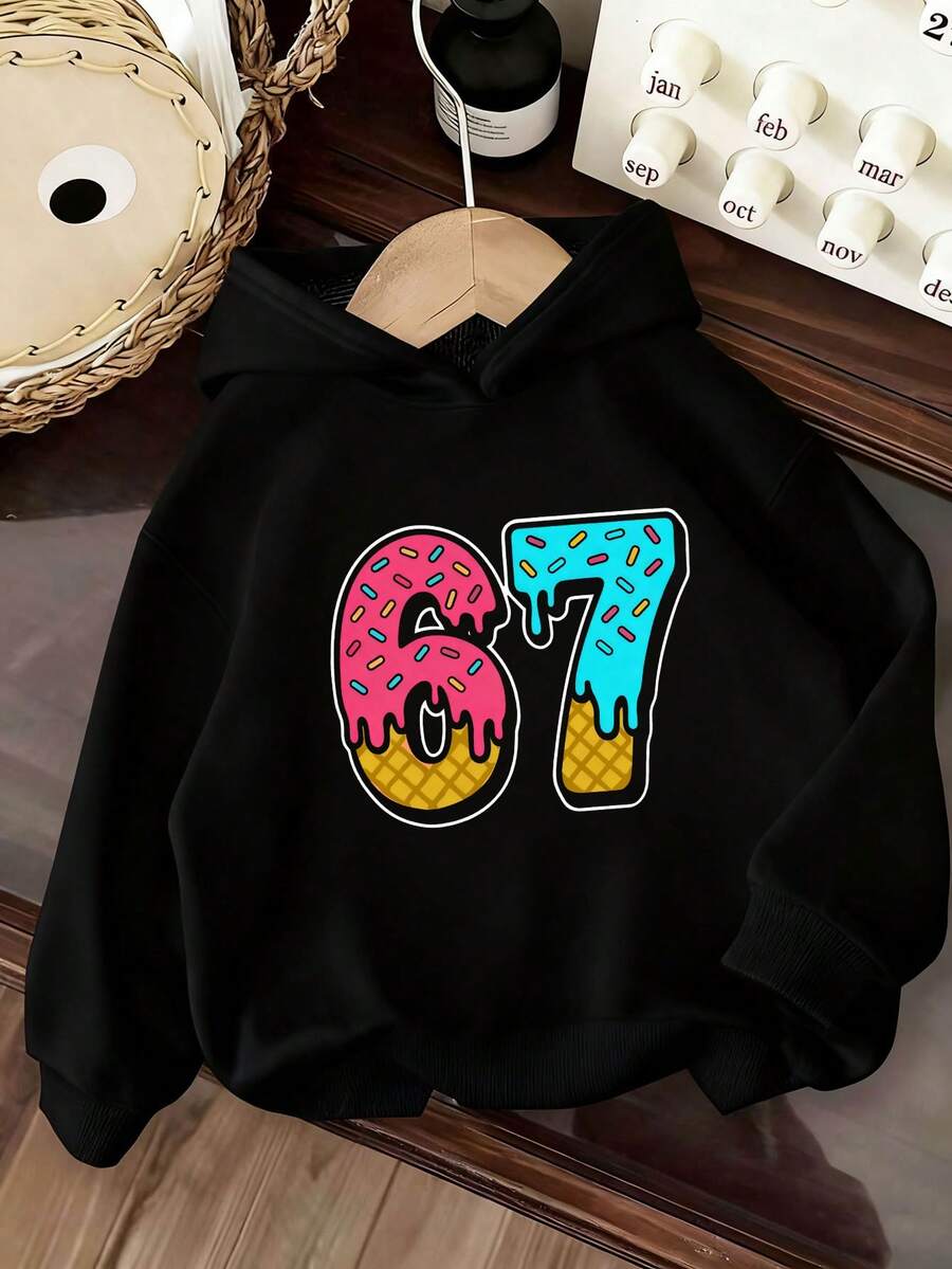 少女休闲时尚“67”数字和融化冰淇淋印花长袖卫衣,适合户外、运动、上学、秋冬季穿着。 - 黑色 - 查看 1