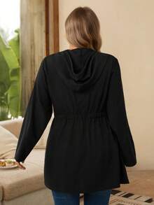 Rosumi Plus Size Women's Autumn Casual Solid Color Zip-Up Waterproof Casual Black Hooded Jacket,Cinched Waist Black Lightweight Hooded Trench Coat With Pockets, Fall Women Clothes,Fall,Winter Clothes For Women,Vintage,Going Out Outfits,Fall Clothes For Women,Fall Outfits,Winter Jacket,Trench Coat,Winter Jacket For Women,2025 New