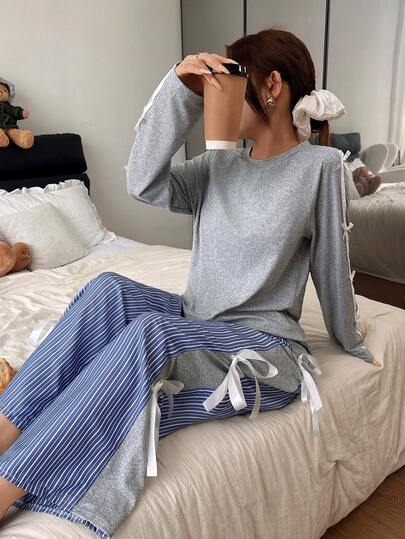 Dream Adore Schattige Bowknot Long Sleeve Pajama Set Sets Women Round Neck view 5