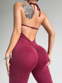 Dewbera Dewbera 女款酒紅色無縫瑜伽連身衣，夏季性感健身一體式套裝，可拆式胸墊，前扭轉設計與鏤空露背，吸濕排汗運動服 - 酒紅色 - 查看 7
