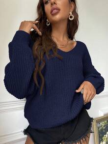 SHEIN Essnce 女士休闲纯色落肩毛衣，秋冬季 - 藏蓝色 - 查看 3