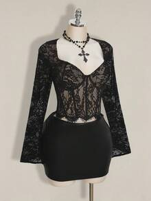 SHEIN ICON 大码女式蕾丝拼接喇叭袖衬衫 - 黑色 - 查看 5