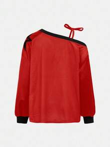 Girlism 少女卫衣：红色丝网印花T恤，斜肩数字印花单肩蝴蝶结吊带背心，返校季，街头风，运动休闲风 - 紅色 - 查看 3