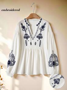 Rusticease Women's Casual Vacation Style Cutout Neck Embroidered Lantern Sleeve Peplum Top, Spring/Autumn Women's Fall Clothes  Christmas White Top Winter Clothes For Women - Multicolor - View 3