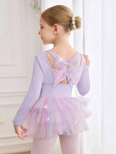 Balettklänning för unga flickor, långärmad ombre-nätklänning med tutu, danskläder för barn i tonad färg