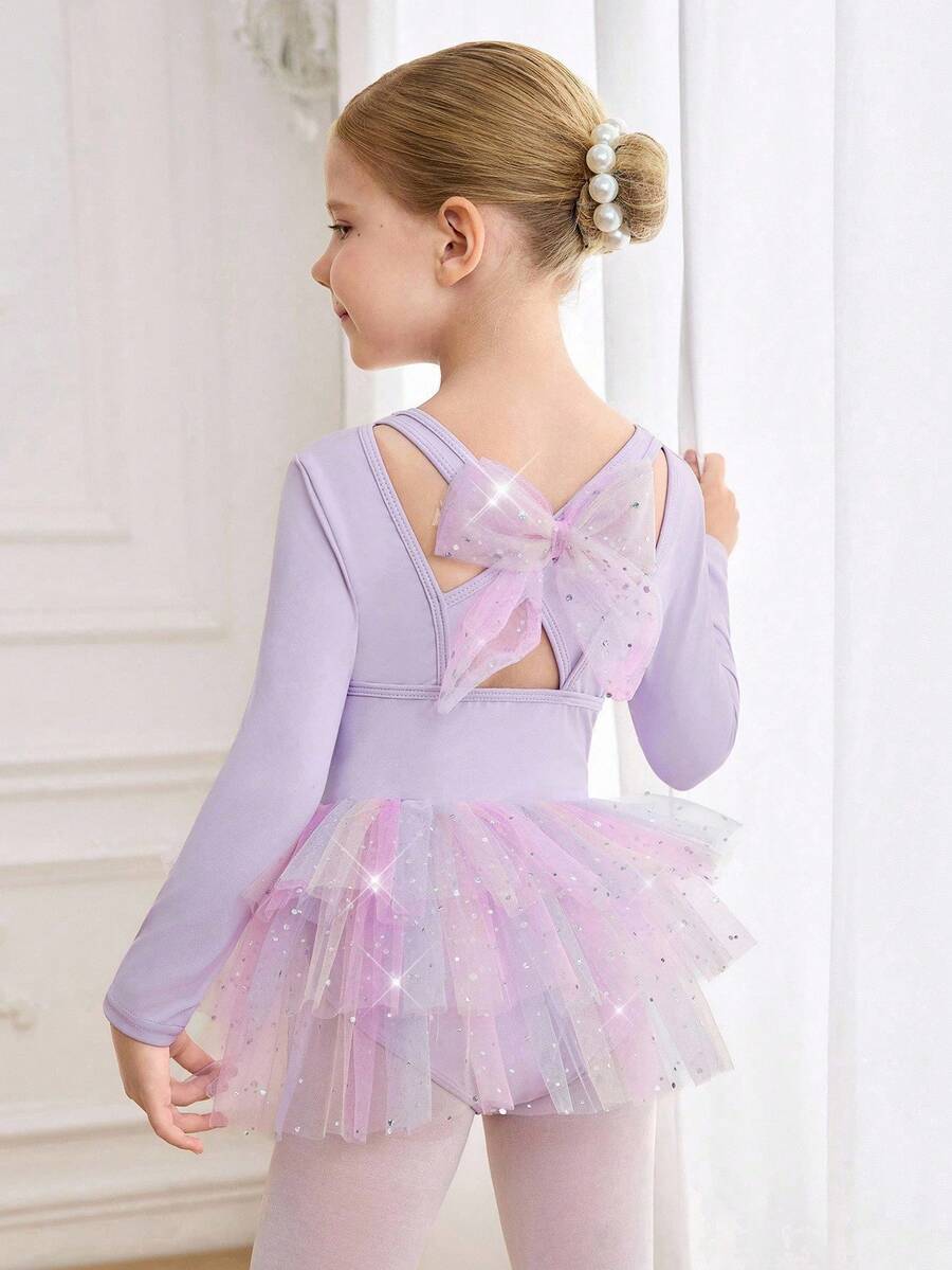 Young Girls Ballet Dress, Long Sleeve Ombre Mesh Tutu Dress, Children's Gradient Color Leotard Dancewear