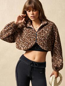 VARSIVA Women's Leopard Print Short Stand-Up Collar Zippered Elastic Cuff Windproof Fleece Jacket Autumn/Winter Style. - Multicolor - View 1