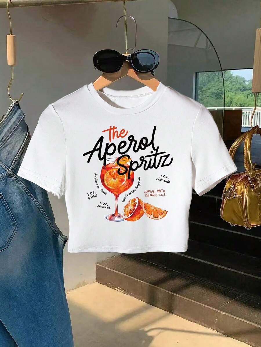 INAWLY Cocktail Print T-Shirt For Summer Casual Wear Graphic Tees Women Tops - White - View 1