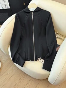 SHEIN Franclia 女士休闲拉链卫衣，收腰设计，秋季款 - 黑色 - 查看 3