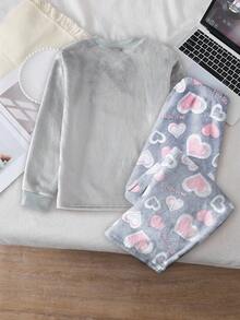 少女睡衣法兰绒家居服两件套 - 灰粉色爱心睡衣，甜美爱心印花设计，灰粉色温柔少女色，法兰绒保暖面料，长袖上衣搭配长裤，爱心图案组合，社交媒体风格，甜美少女秋冬春夏假日必备少女居家套装，长袖睡衣套装 - 彩色 - 查看 2