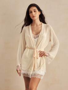 Charlaine Women's Elegant Lace Trim Camisole Nightgown & Robe Lingerie Set - Champagne - View 4