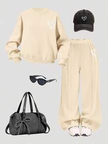 Conjunto informal de niña con sudadera de manga larga de hombros caídos y estampado de corazón de punto de unicolor y pantalón ancho de chándal - Caqui - Ver 6