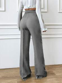 EURMUSE Petite Size Women's Casual Solid High Waist Straight Leg Pants - Light Grey - View 2