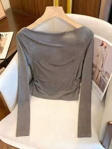 SHEIN LUNE 女式休闲纯色露肩荷叶边长袖T恤 - 灰色 - 查看 2