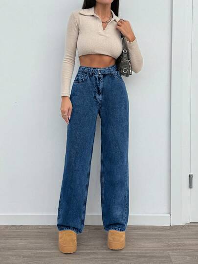 EURMUSE Damen High Waist Jeans mit Taschen und weitem Bein, lässig und vielseitig einsetzbar