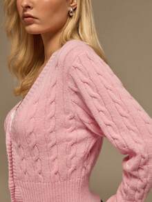 Glamine Áo khoác cardigan dệt kim xoắn tay dài cài một hàng khuy đơn giản dành cho nữ, Thu/Đông - Hồng - Xem 5