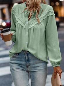 SHEIN LUNE Plus Size Casual Solid Color Lace Trim Blouse - Mint Green - View 1