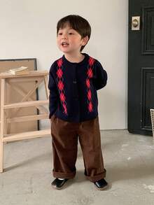 DAZY Chaqueta de punto de manga larga con patrón de rombos para bebés/niños pequeños, otoño/invierno - Azul - Ver 4