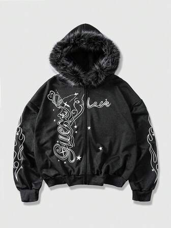 Street Life Herren Lässig Pullover mit Buchstaben-Muster, Fleece Hoodie, Herbst/Winter