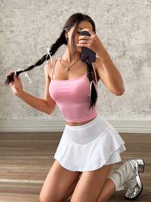 SHEIN EZwear Falda pantalón blanca con volantes en la cintura - Blanco - Ver 8