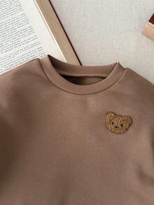 Blossori 男童法式优雅小熊图案圆领卫衣和运动裤套装 - 棕色 - 查看 4