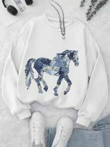 EMERY ROSE Women's Casual Horse Print Crew Neck Sweatshirt, Autumn/Winter - White - View 3