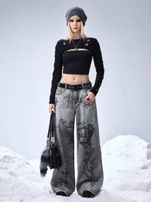 ROMWE Grunge Punk 男女皆宜的复古街头天使与藤蔓皇冠印花宽松阔腿牛仔裤 - 灰色 - 查看 9