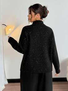 Firerie Suéter casual de cuello redondo de manga larga para mujer / Suéter casual de cuello alto de manga larga de talla grande para otoño/invierno en negro y colores mezclados para uso casual en casa/oficina / Suéter básico de estilo callejero de talla grande para todos los días - Negro - Ver 3