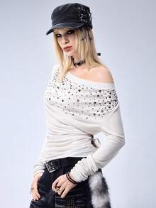 ROMWE EDITION 女款 Kpop Grunge 金属铆钉不对称褶皱修身时尚 T 恤 - 米色 - 查看 4