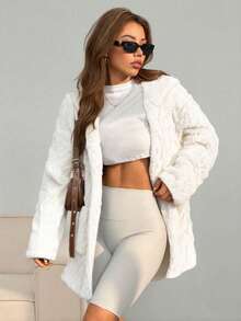 SHEIN EZwear 冬季宽松休闲白色打孔绒面落肩口袋拼接长袖连帽外套 - 米色 - 查看 3