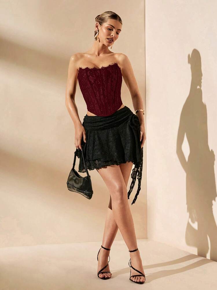 SHEIN BAE Summer Beach Vacation Solid Color Lace Tube Top, Suitable For Daily Dating, Night Out, Nightclubs, Parties, Get-Togethers, Cocktail Parties, Pool Parties, Back-To-School Season , School Season , Holiday , Office Commuting Corset Top, Sexy Top, Valentine's Day, Valentine For Women - Burgundy - View 4