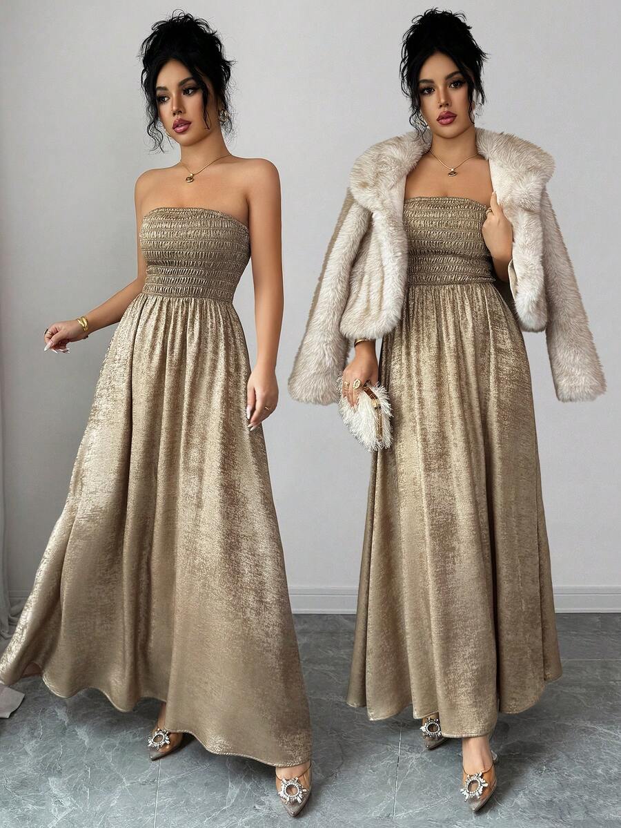 SHEIN Elenzya 女士优雅金箔正式礼服，派对无肩带长裙，秋冬款 - 金色 - 查看 1