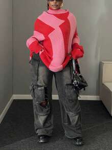 Maweii Áo len chui đầu kẻ caro cổ cao màu đỏ hồng phong cách đường phố dành cho nữ, kỳ nghỉ Giáng sinh, cổ điển, hiện đại, giản dị, tay dài, cổ cao, họa tiết sọc bất đối xứng, cỡ lớn, áo len chui đầu ấm áp, mùa xuân, mùa thu, mùa đông - Nhiều màu - Xem 7