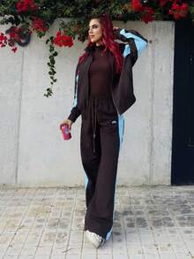 Bearsaez Drawstring Waist Nylon Contrast Panel Wide Leg Tracksuit Bottoms Only Spring Airport, Casual The Book Shop Christmas Fall Autumn Winter - Brown - View 4