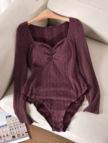 CosyJoli Plus Size Casual Textured Washed Snow Floral Lace Patchwork Heart Neck Long Sleeve Bodysuit - Rose Red - View 1