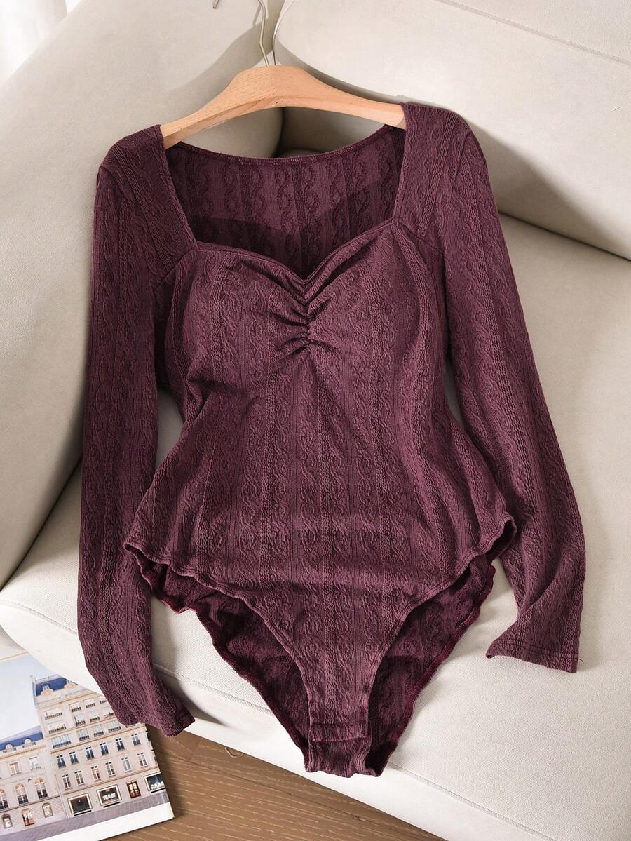 CosyJoli Plus Size Casual Textured Washed Snow Floral Lace Patchwork Heart Neck Long Sleeve Bodysuit - Rose Red - View 1