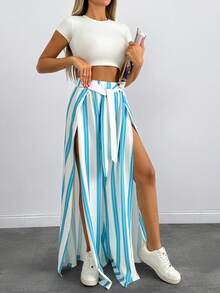 EURMUSE Unity Self Belted Split Thigh Striped Pant - Multicolor - View 4