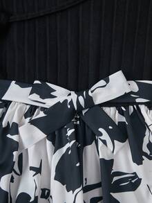 Tween Girl Elegant White Floral Long Sleeve Dress,Autumn Cocktail Ribbed Knit Color-Blocking Knee-Length Belted Voluminous Skirt With Large Bow Detail - Black and White - View 5