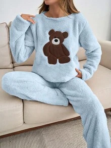 EURMUSE Plus 2pcs Plush Bear Embroidery Detail Homewear PJ Set - Baby Blue - View 1