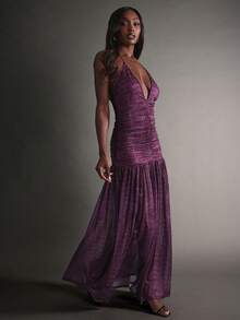 Hauture Sexy Party Night Out Animal Print Deep Plunge Ruched Halter Open Back Maxi Dress - Purple - View 5