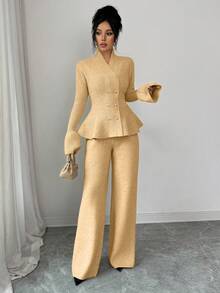 Elenzga 两件套：优雅休闲通勤蓝色立领喇叭袖收腰开衫和直筒针织衫，秋冬款 - 卡其色 - 查看 6