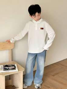 SHEIN Little Byeori 韩版男童休闲针织领长袖polo衫，适合通勤、上学、休闲、大学、运动、秋冬季穿着。 - 白色 - 查看 4