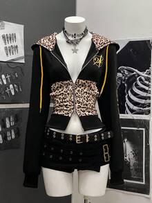SHEIN Unity Áo nỉ họa tiết da báo vá phong cách Punk thời trang dạo phố dành cho nữ, Thu/Đông - màu đen - Xem 1