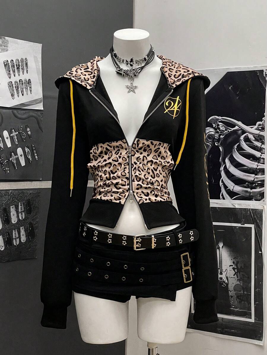 SHEIN Unity Áo nỉ họa tiết da báo vá phong cách Punk thời trang dạo phố dành cho nữ, Thu/Đông - màu đen - Xem 1