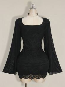 SHEIN ICON 两件套加大码女式蕾丝拼接黑色长袖上衣和裙子套装 - 黑色 - 查看 2