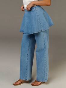 Athîral Women's Pocket Wide Leg Loose Casual Jeans And Denim Skirt Set, Casual Vintage Streetwear Blue Pants