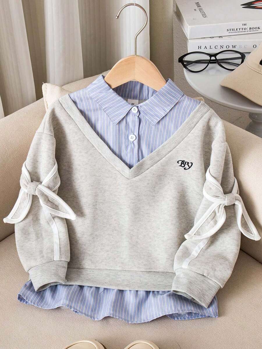 Genkimix Kids 女童条纹二合一衬衫领长袖休闲卫衣，时尚冬季款 - 灰色 - 查看 1