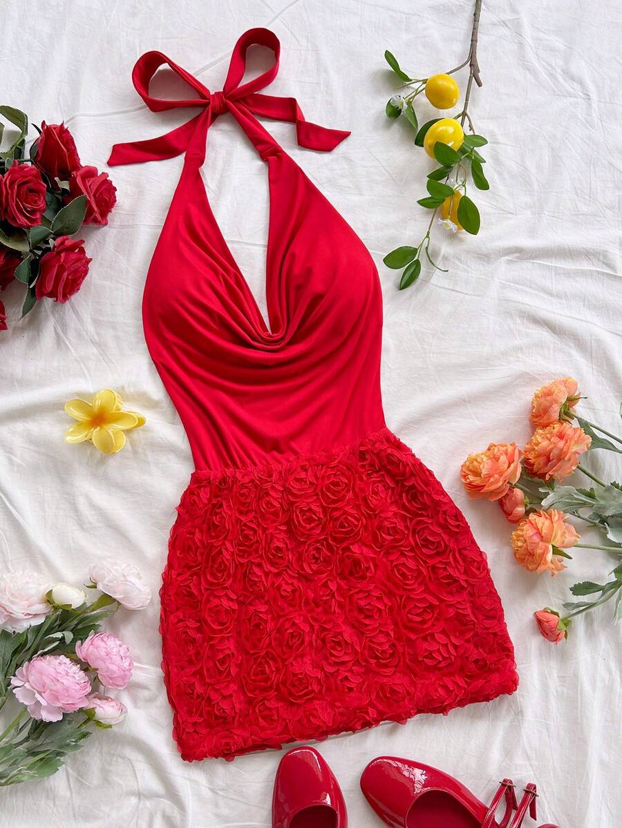 Soleia Women's Holiday Red Rose Textured Halter Mini Dress, Sexy Beach, Date, Holiday, Beach Vacation, Afternoon Tea, Party Dress, Wedding Season, Beach Cruise Vacation, City Vacation, Boho Vacation, Music Festival, Hippie, Western, Valentine's Day Dress, Valentine's Day Outfit, Festival, New Year Red Rose Dress Red Dress Summer Red Vacation Outfit Red Vacation Dress Red Dress Birthday Red Dress Short - Red - View 1