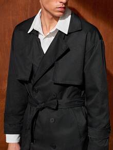 Officeau 春秋新款宽松中长款男士双排扣风衣，时尚防风外套，绅士优雅潮流街头风外套，复古富贵春夏款 - 卡其色 - 查看 7