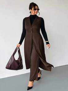 Firerie 秋冬季大码女式长款无袖西装套装 - 咖啡棕 - 查看 2